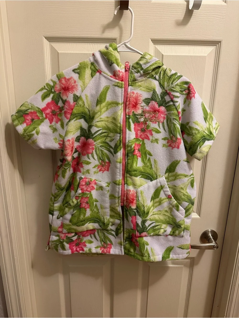 Tommy Bahama Girls' Hooded Floral Swim Coverup, White, Pink, Green, L/7-12